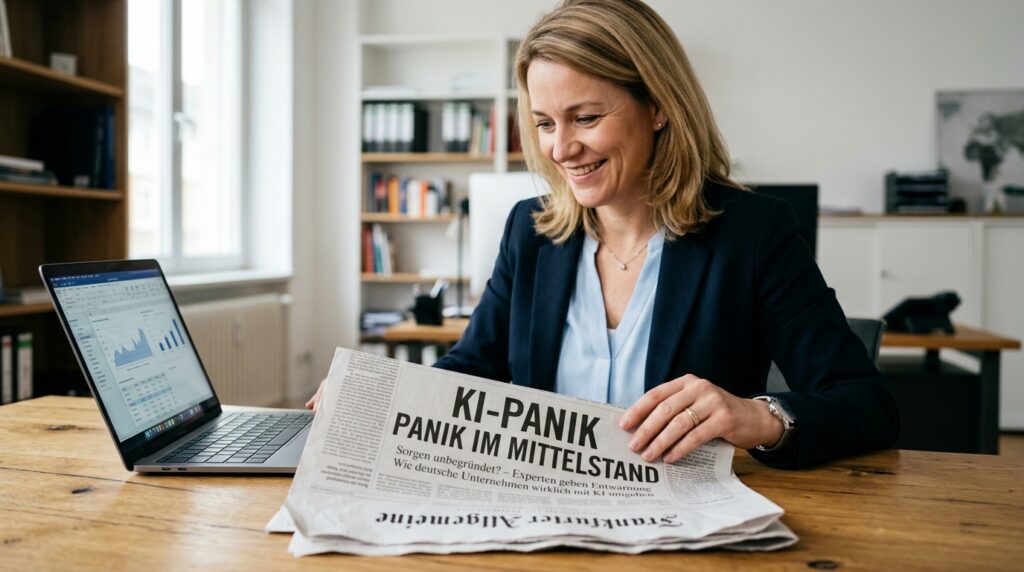 Geschäftsfrau lächelt beim Lesen der Zeitung KI-Panik im Mittelstand