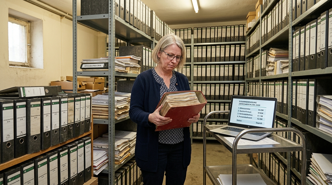 Sachbearbeiterin im Aktenarchiv mit Laptop-Zusammenfassung daneben