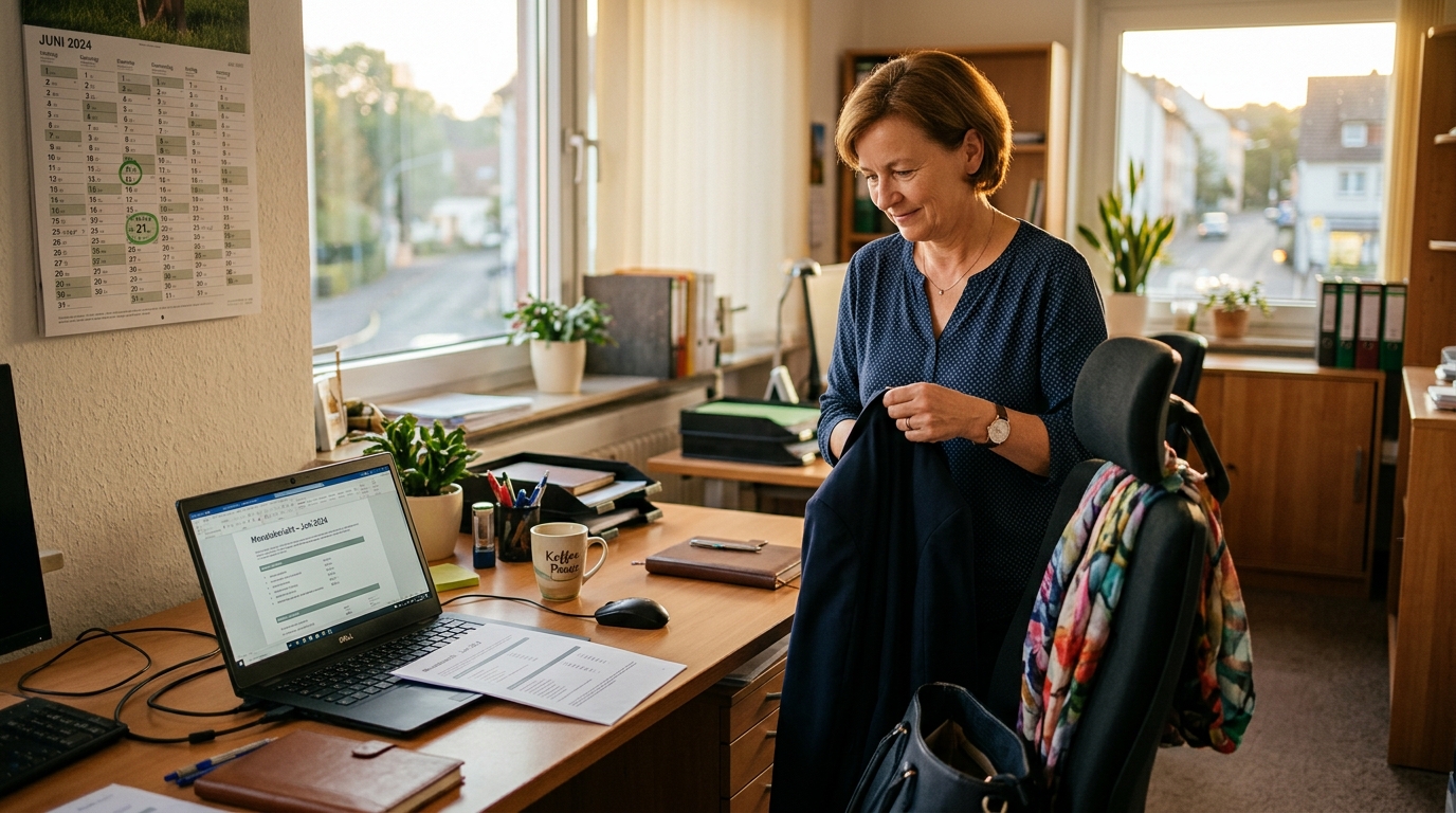 Sachbearbeiterin packt Freitagnachmittag zusammen, Laptop zeigt fertigen Monatsbericht