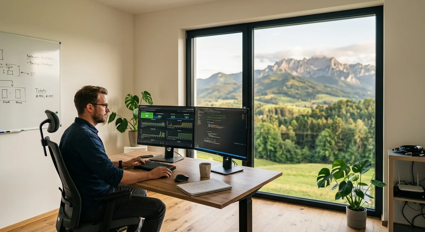 Illustration: IT-Arbeitsplatz mit Alpenpanorama